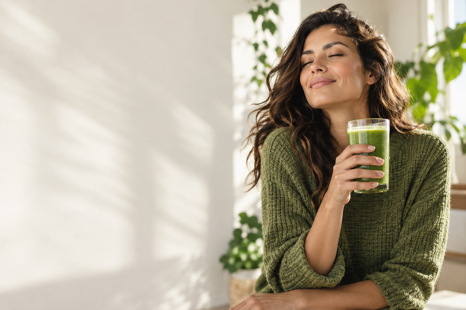 A woman enjoying a green smoothie in the morning sunlight