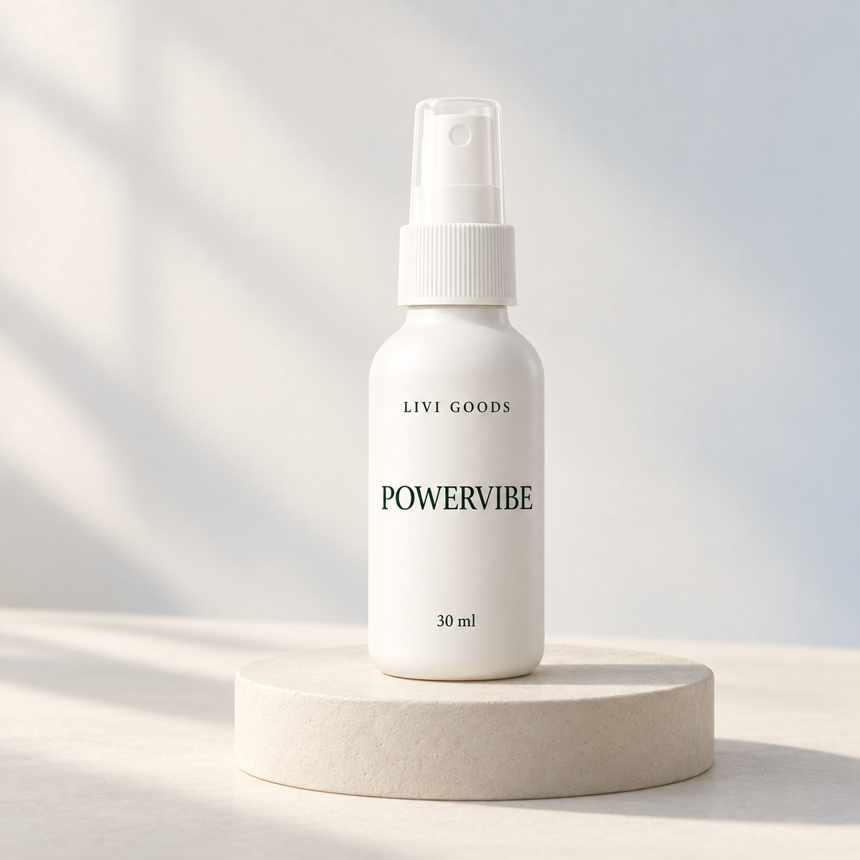 Illustrative Livi Goods PowerVibe 30 ml bottle on a stone plinth