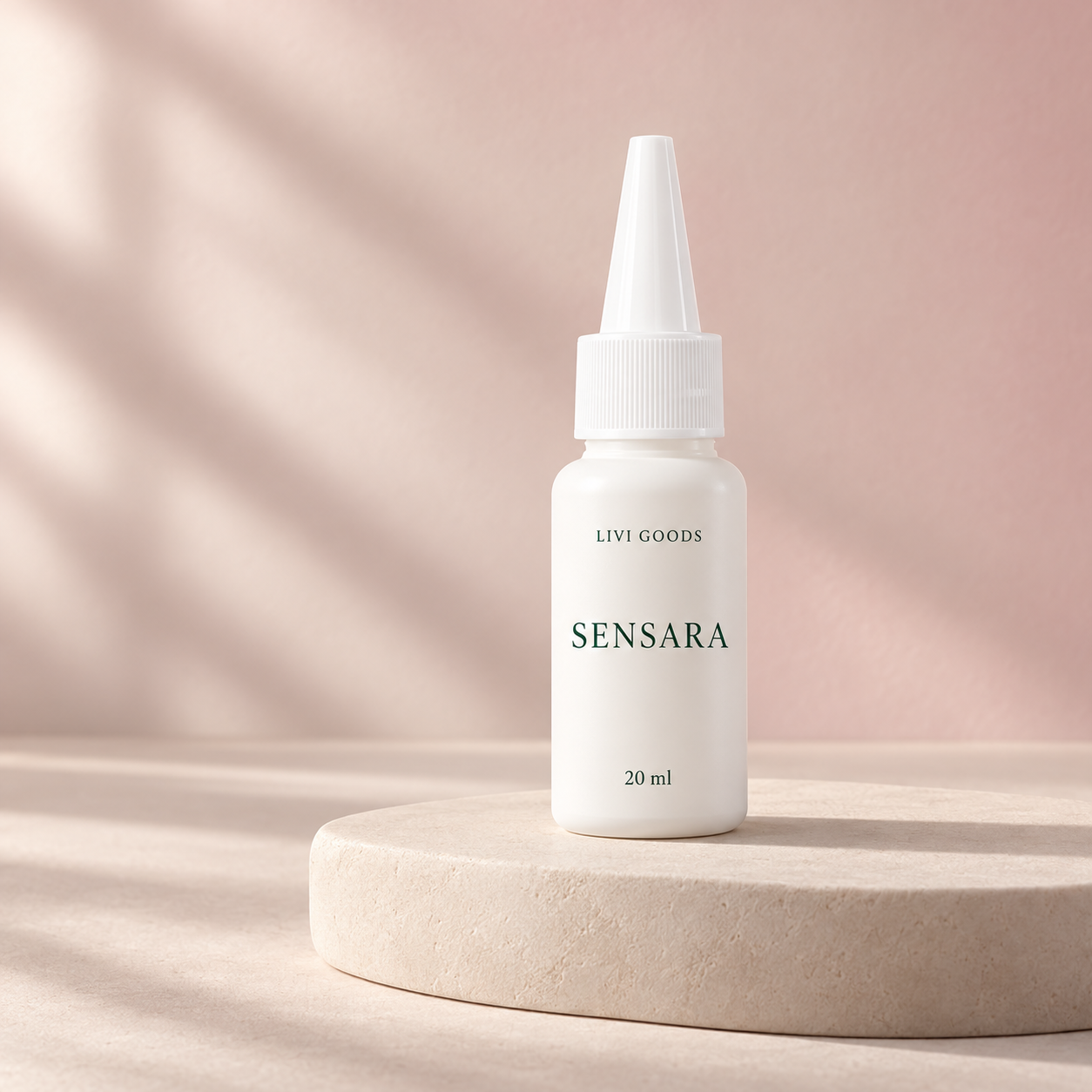 Illustrative Livi Goods Sensara 20 ml bottle on a stone plinth