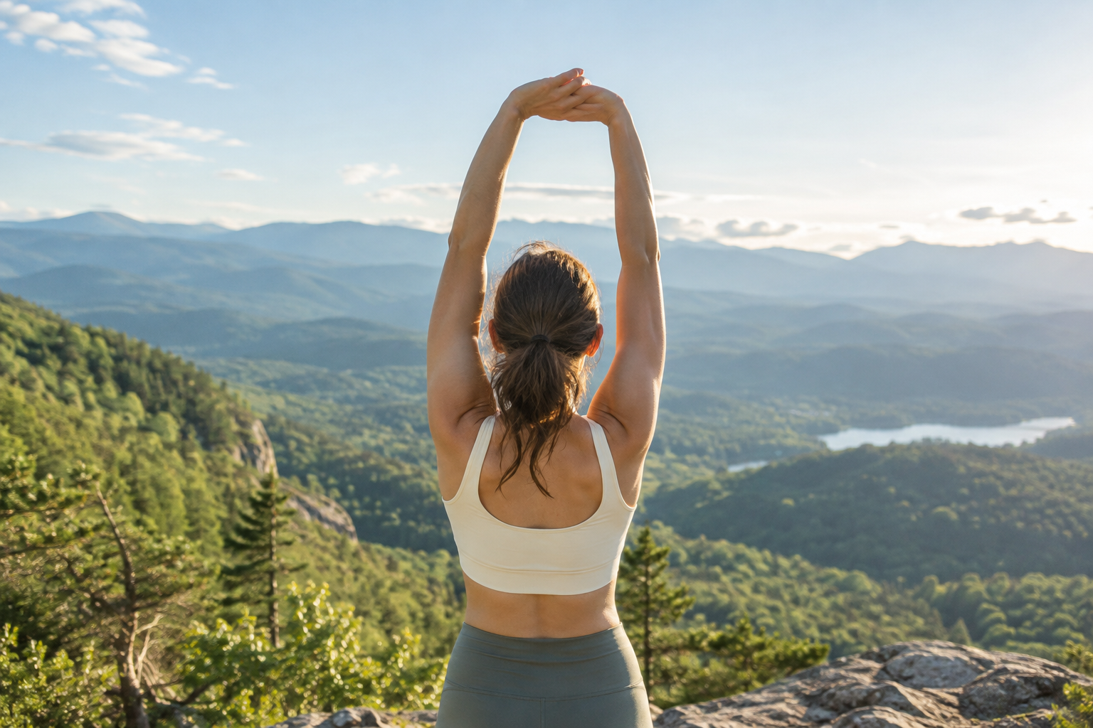 A woman stretching outdoors with green mountains in the distance